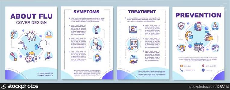 About flu brochure template. Influenza symptoms and treatment. Flyer, booklet, leaflet print, cover design with linear icons. Vector layouts for magazines, annual reports, advertising posters