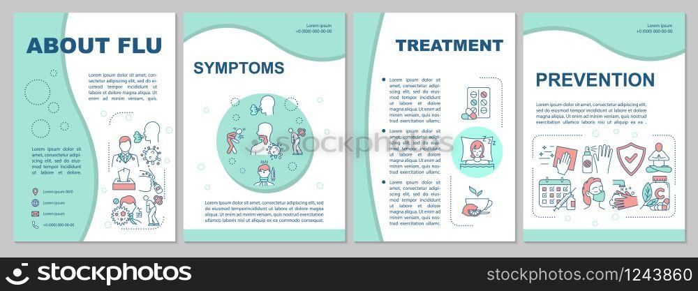 About flu brochure template. Influenza symptoms. Disease awareness. Flyer, booklet, leaflet print, cover design with linear icons. Vector layouts for magazines, annual reports, advertising posters