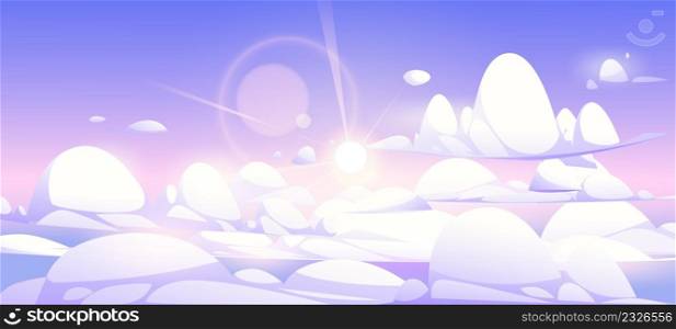 Above clouds sky or heaven background, nature peaceful landscape with white and lilac cumulonimbus cloudscape and sun shine. Early morning abstract vivid view from airplane Cartoon vector illustration. Above clouds sky or heaven background, landscape