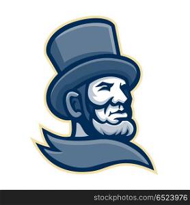 Abraham Lincoln Head Mascot. Mascot icon illustration of head of the 16th American president Abraham Lincoln wearing top hat or topper viewed from high angle on isolated background in retro style.. Abraham Lincoln Head Mascot