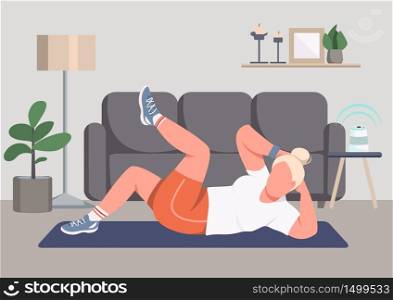 Abs training flat color vector illustration. Sportswoman working out 2D cartoon character with living room on background. Workout at home, domestic fitness. Abdominal muscles training. Abs training flat color vector illustration