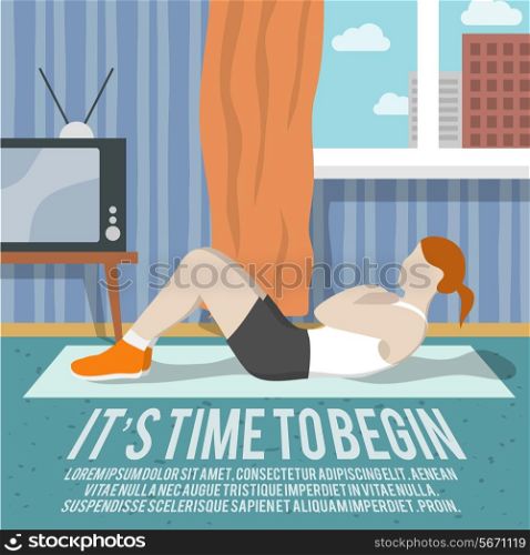 Abs training woman at home sport fitness lifestyle time to begin poster vector illustration