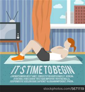 Abs training woman at home sport fitness lifestyle time to begin poster vector illustration