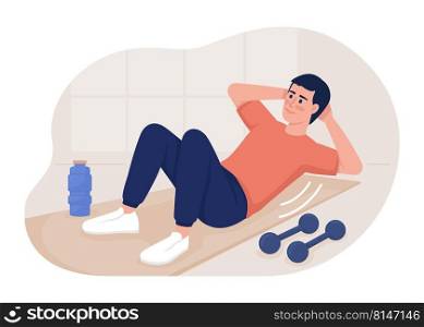Abs workout at home 2D vector isolated illustration. Young man strengthen core with exercises flat character on cartoon background. Colourful editable scene for mobile, website, presentation. Abs workout at home 2D vector isolated illustration