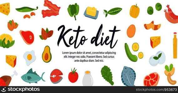 Absctract concept Ketogenic diet food, vector illustration. Ketogenic diet food, high healthy fats. Web banner
