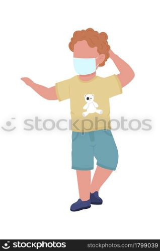 Absent-minded child with face mask semi flat color vector character. Full body person on white. Forgetful male kid isolated modern cartoon style illustration for graphic design and animation. Absent-minded child with face mask semi flat color vector character