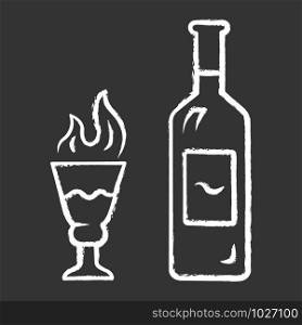Absinthe chalk icon. Bottle and tall footed glass with flaming shot. Distilled highly alcoholic beverage. Herbal liquor. Alcohol bar drink, booze. Isolated vector chalkboard illustration