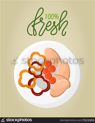 Absolutely fresh organic food, ingredients in bowl cut pepper and carrot sliced, potatoes. Vector natural 100 percent clean vegetables and lettering. Absolutely Fresh Organic Food, Ingredients in Bowl