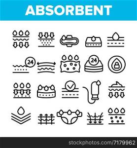 Absorbent, Absorbing Materials Vector Thin Line Icons Set. Absorbents For Moisture Control. Absorbing Breathable Textures For Children, Women Linear Pictograms. Water Drops Contour Illustrations. Absorbent, Absorbing Materials Vector Thin Line Icons Set