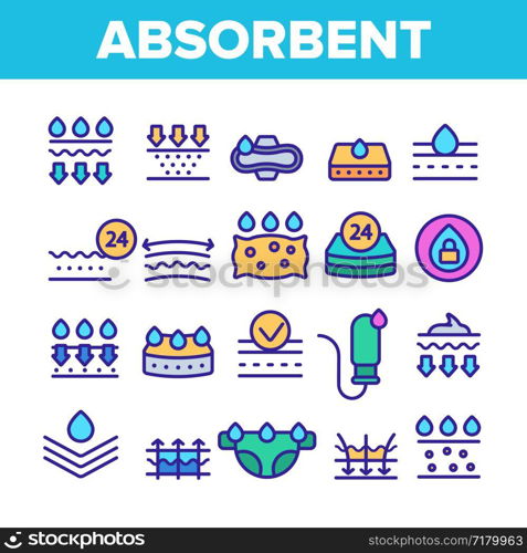 Absorbent, Absorbing Materials Vector Thin Line Icons Set. Absorbents For Moisture Control. Absorbing Breathable Textures For Children, Women Linear Pictograms. Water Drops Contour Illustrations. Absorbent, Absorbing Materials Vector Color Line Icons Set
