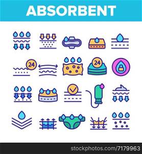 Absorbent, Absorbing Materials Vector Thin Line Icons Set. Absorbents For Moisture Control. Absorbing Breathable Textures For Children, Women Linear Pictograms. Water Drops Contour Illustrations. Absorbent, Absorbing Materials Vector Color Line Icons Set