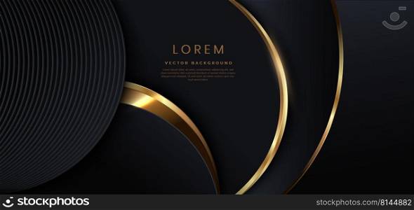 Abstact 3d luxury black curve with border golden curve lines elegant and lighting effect on black background. Vector illustration
