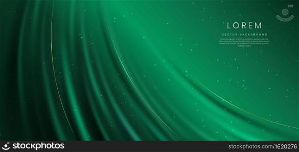 Abstact 3d luxury green curve with border golden curve lines elegant and lighting effect on green background. Vector illustration