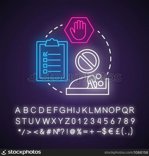 Abstinence neon light concept icon. Safe sex. Intimate relationship. Risk prevention in sexlife. Couple healthcare idea. Glowing sign with alphabet, numbers and symbols. Vector isolated illustration