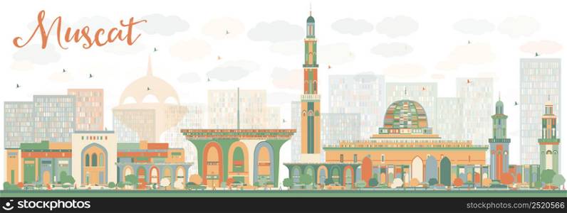 Abstrac Muscat Skyline with Color Buildings. Vector illustration. Business Travel and Tourism Concept with Historic Buildings. Image for Presentation Banner Placard and Web Site.