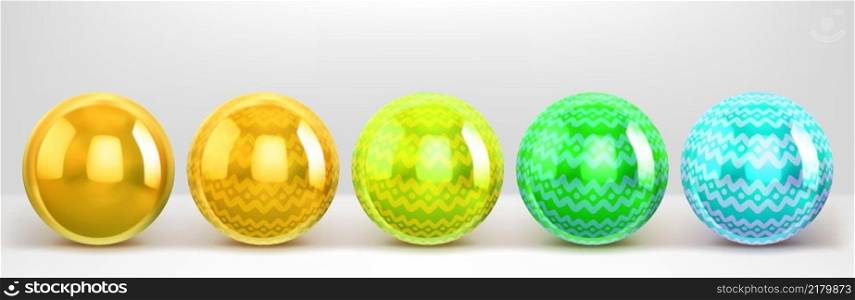 Abstract 3d balls, decorative decorated spheres on white background. Gold, yellow, green and blue shiny orbs with ornament and light reflection. Graphic design elements, Realistic vector illustration. Abstract 3d balls, decorative decorated spheres