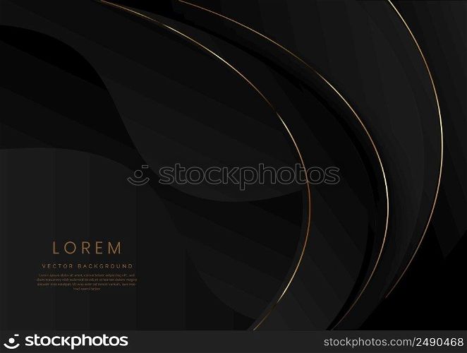 Abstract 3d black background with gold lines curved wavy sparkle with copy space for text. Luxury style template design. Vector illustration