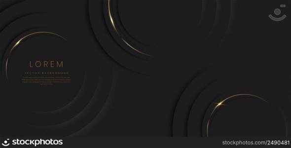 Abstract 3d black circles layer background with gold lines curved  sparkle with copy space for text. Luxury style template design. Vector illustration