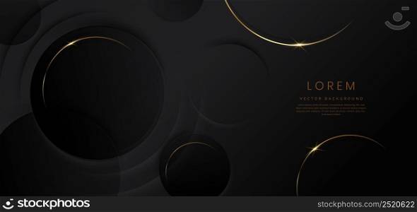 Abstract 3d black circles layer background with gold lines curved sparkle with copy space for text. Luxury style template design. Vector illustration