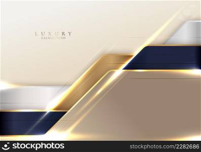 Abstract 3D blue and golden stripes geometric shapes with shiny gold lines lighting effect on cream background template luxury style. Vector illustration
