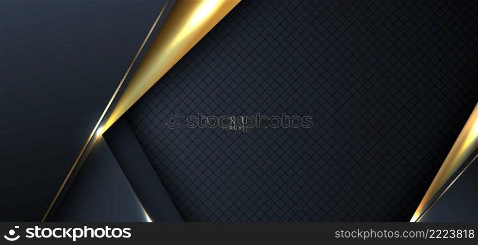 Abstract 3D blue and golden stripes triangles shapes with shiny gold lines lighting effect on dark blue background template luxury style. Vector illustration
