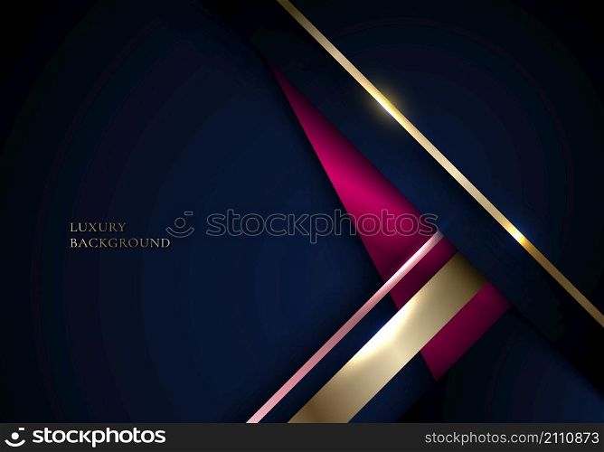 Abstract 3D blue and golden stripes triangles shapes with shiny gold tab lighting effect on dark blue background template luxury style. Vector illustration