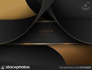 Abstract 3d curved black and gold ribbon on black background with lighting effect copy space for text. Luxury design style. Vector illustration