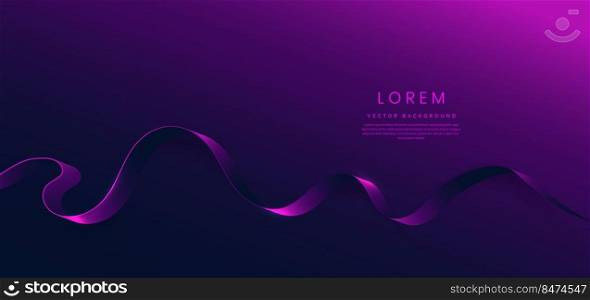 Abstract 3d curved purple and dark blue ribbon on dark background with lighting effect and sparkle with copy space for text. Luxury design style. Vector illustration