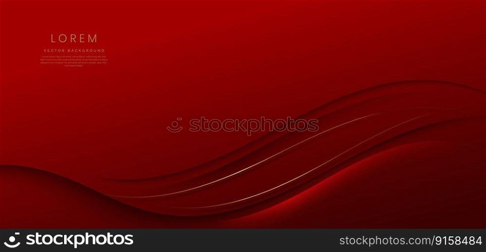 Abstract 3d curved red shape on red background with golden lines lighting effect and copy space for text. Luxury design style. Vector illustration