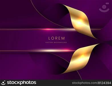 Abstract 3d curved violet and gold ribbon on violet background with lighting effect copy space for text. Luxury design style. Vector illustration