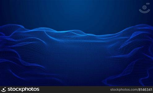 Abstract 3D cyber technology futuristic wireframe terrain grid landscape blue background. Vector illustration