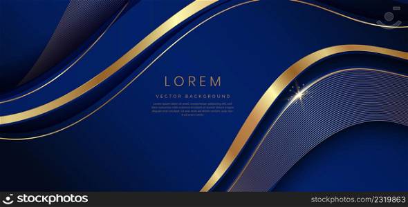 Abstract 3d dark blue background with ribbon gold lines curved wavy sparkle with copy space for text. Luxury style template design. Vector illustration