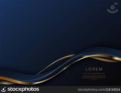 Abstract 3d dark blue background with ribbon gold lines curved wavy sparkle with copy space for text. Luxury style template design. Vector illustration