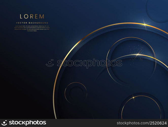 Abstract 3d dark blue circles layer background with gold lines curved sparkle with copy space for text. Luxury style template design. Vector illustration