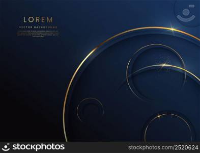 Abstract 3d dark blue circles layer background with gold lines curved sparkle with copy space for text. Luxury style template design. Vector illustration