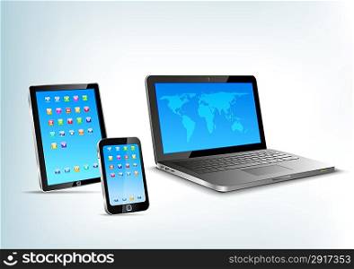 Abstract 3d devices: Tablet pc, laptop, smartphone vector perspective view. Notebook, mobile phone, touchpad.