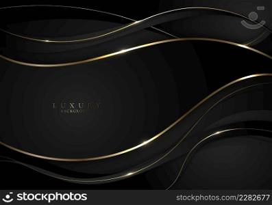 Abstract 3D elegant black wave curve shape background with golden wavy lines and lighting. Luxury style. Vector illustration