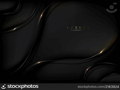 Abstract 3d elegant black wavy wave curve shape background with golden lines and lighting. Luxury style. Vector illustration