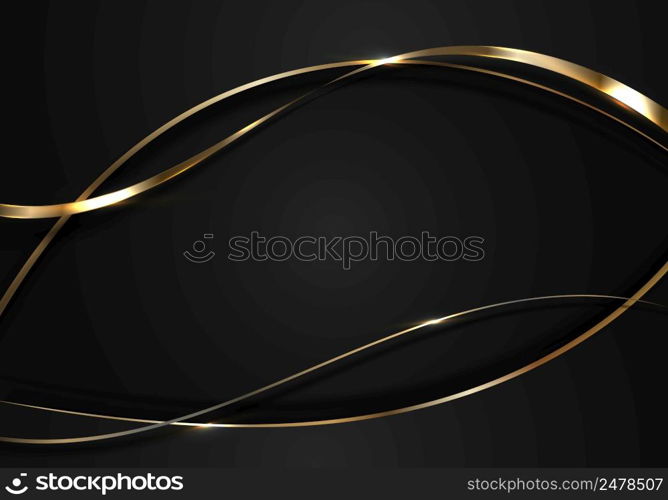 Abstract 3D elegant gold and black curved wave lines with shiny sparkling light on dark background luxury style. Vector illustration