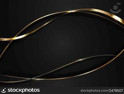 Abstract 3D elegant gold and black curved wave lines with shiny sparkling light on dark background luxury style. Vector illustration