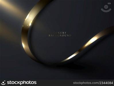Abstract 3D elegant golden ribbon elements and lighting effect sparking glitter decoration on black background luxury style. Vector graphic illustration
