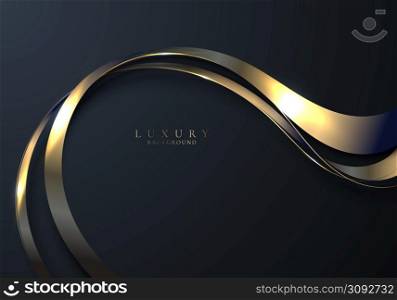 Abstract 3D elegant golden wave curved lines and lighting effect on black background. Luxury style. Vector illustration