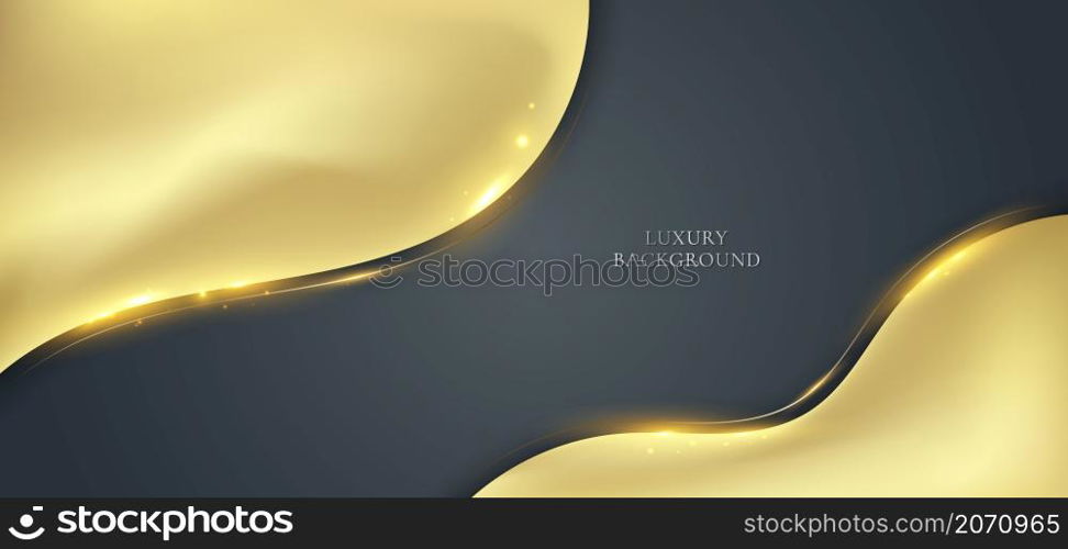 Abstract 3D elegant modern luxury template banner web design golden wave shape and line with glitter light sparking on black background. Vector graphic illustration