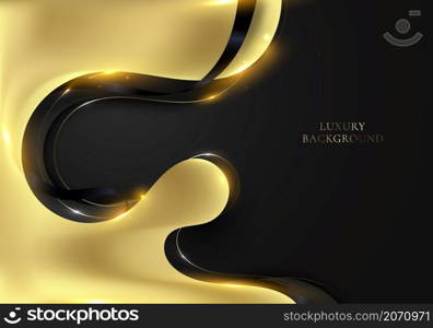 Abstract 3D elegant modern luxury template banner web design golden wave shape and line with glitter light sparking on black background. Vector graphic illustration