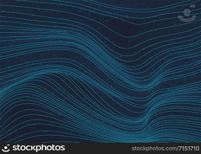 Abstract 3D glowing blue wave lines pattern with particles elements on dark background. Technology futuristic concept. Vector illustration