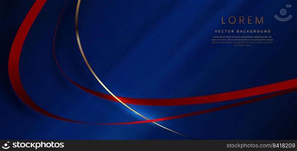 Abstract 3d gold and red curved ribbon on dark blue background with lighting effect and sparkle with copy space for text. Luxury design style. Vector illustration