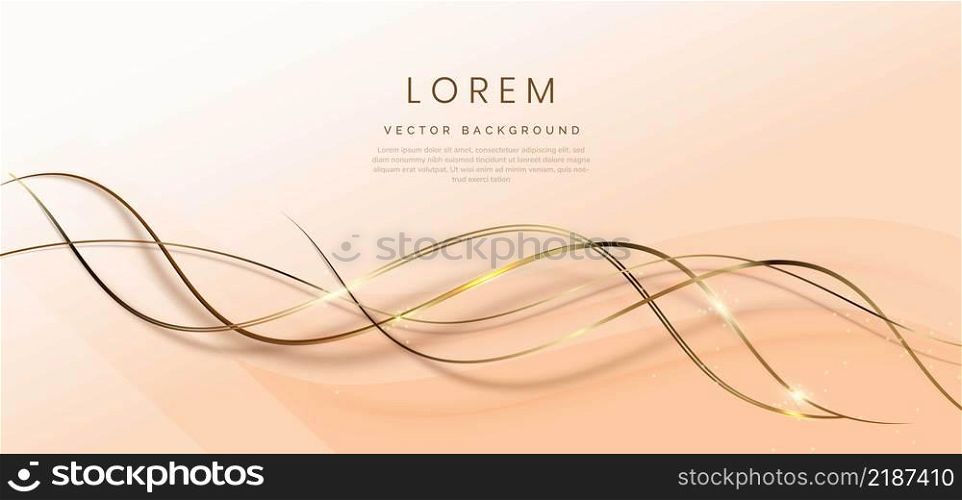 Abstract 3d gold and soft brown curved lines layers background with lighting effect and sparkle with copy space for text. Luxury design style. Vector illustration