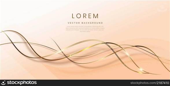 Abstract 3d gold and soft brown curved lines layers background with lighting effect and sparkle with copy space for text. Luxury design style. Vector illustration