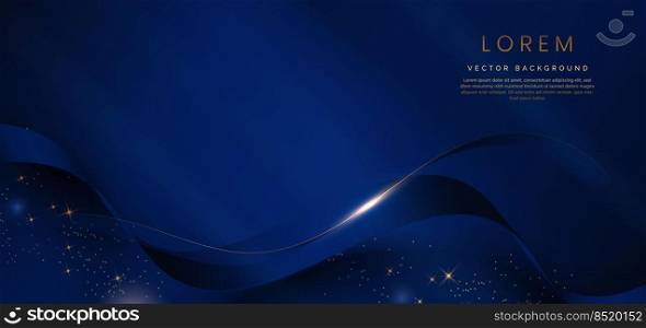 Abstract 3d gold curved dark blue ribbon on dark blue background with lighting effect and sparkle with copy space for text. Luxury design style. Vector illustration