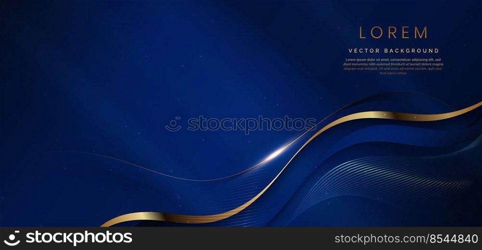 Abstract 3d gold curved dark blue ribbon on dark blue background with lighting effect and sparkle with copy space for text. Luxury design style. Vector illustration